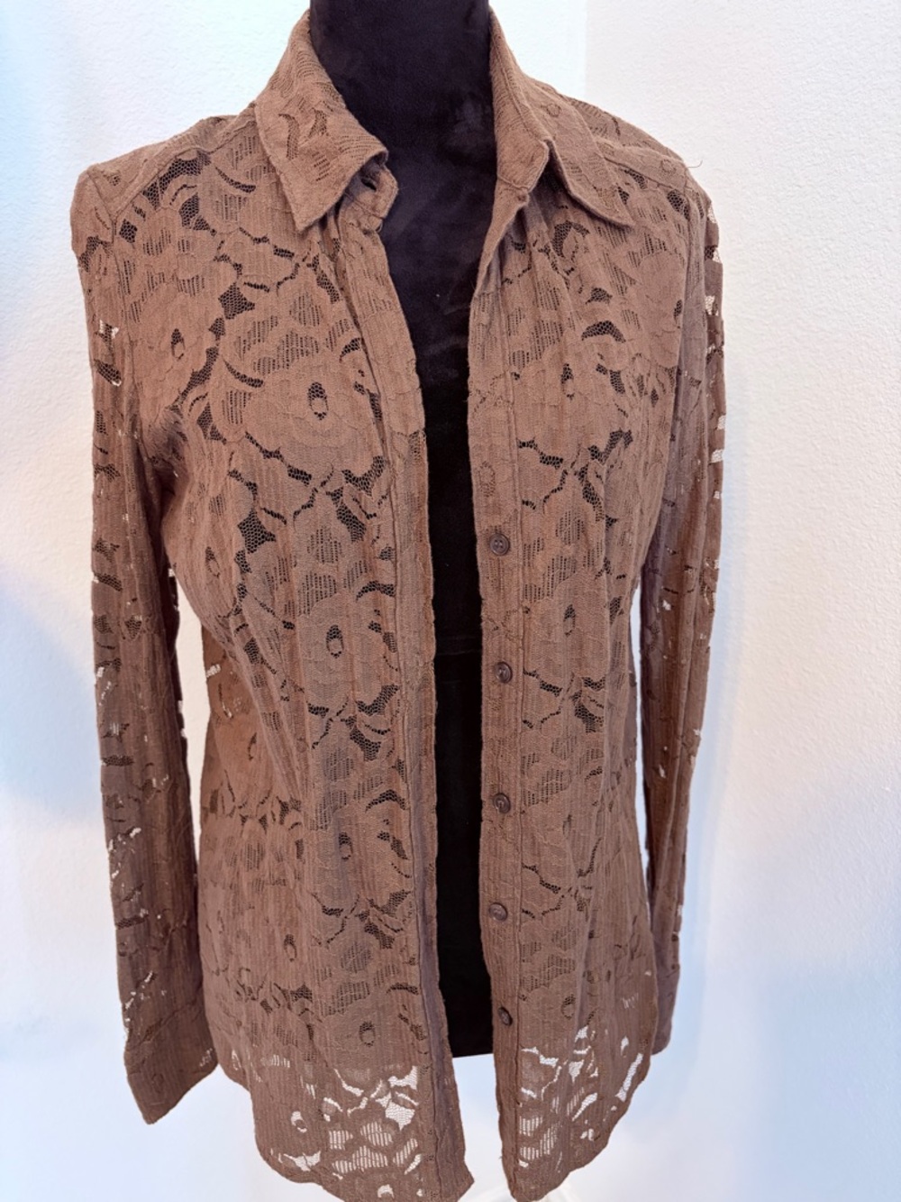 New York & Company Brown Semi-Sheer Lace Knit Button Down Top